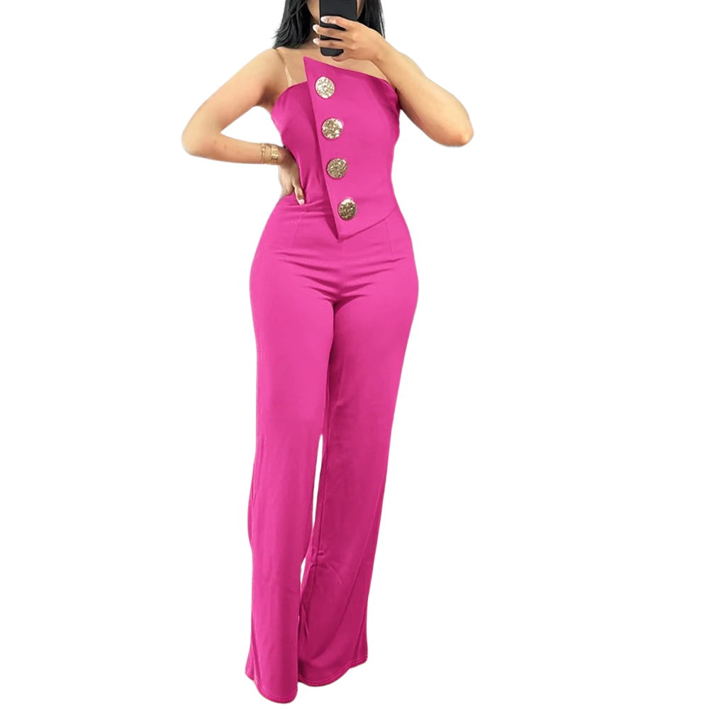 Kvinners asymmetrisk bandeau-jumpsuit i helfigur, viser stil og komfort.