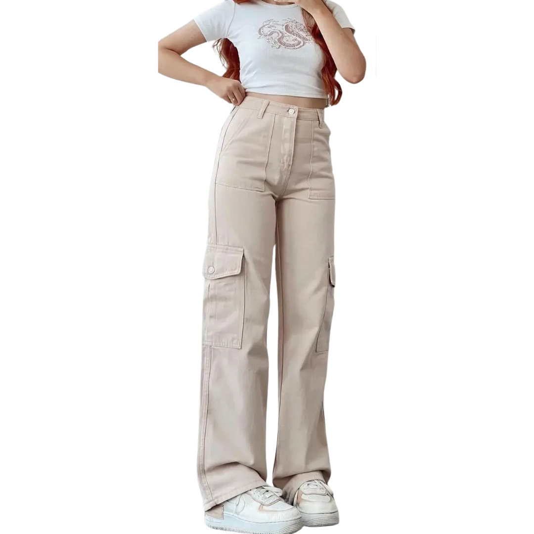 Kvinners cargobukser i grønn, løs passform med vide ben og store lommer for streetwear-stil.