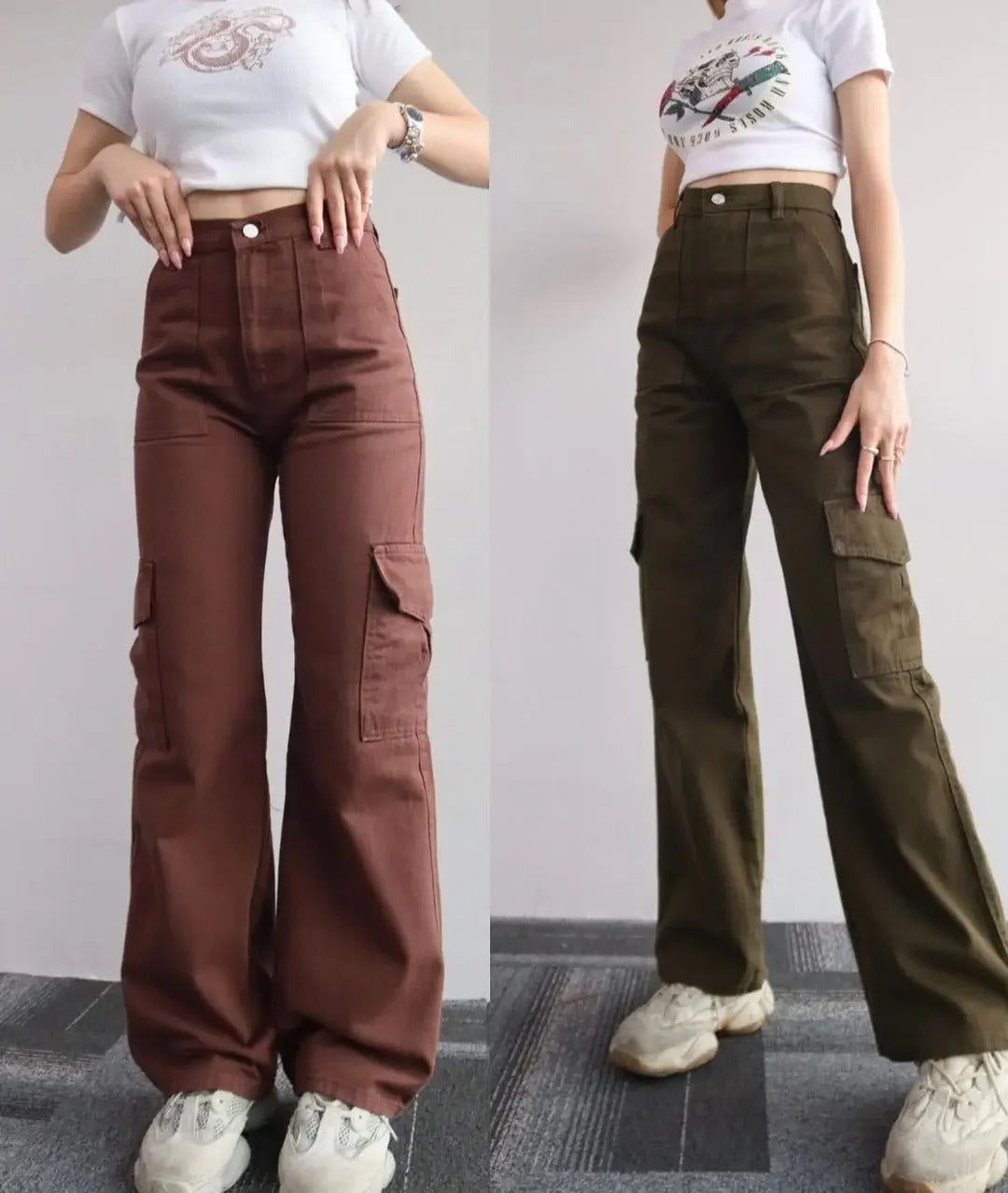 Trendy damemode: sorte cargobukser med vide ben og funksjonelle lommer for en kul look.