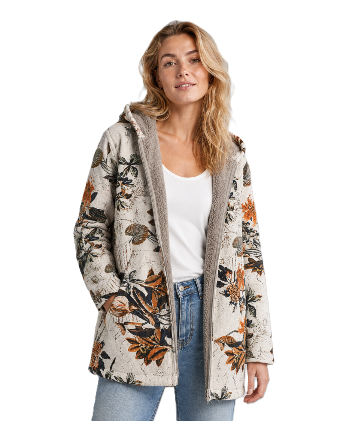 Kvinners fleecejakke med hette og elegant blomsterdesign for vår og høst, komfortabel glidelåsjakke.