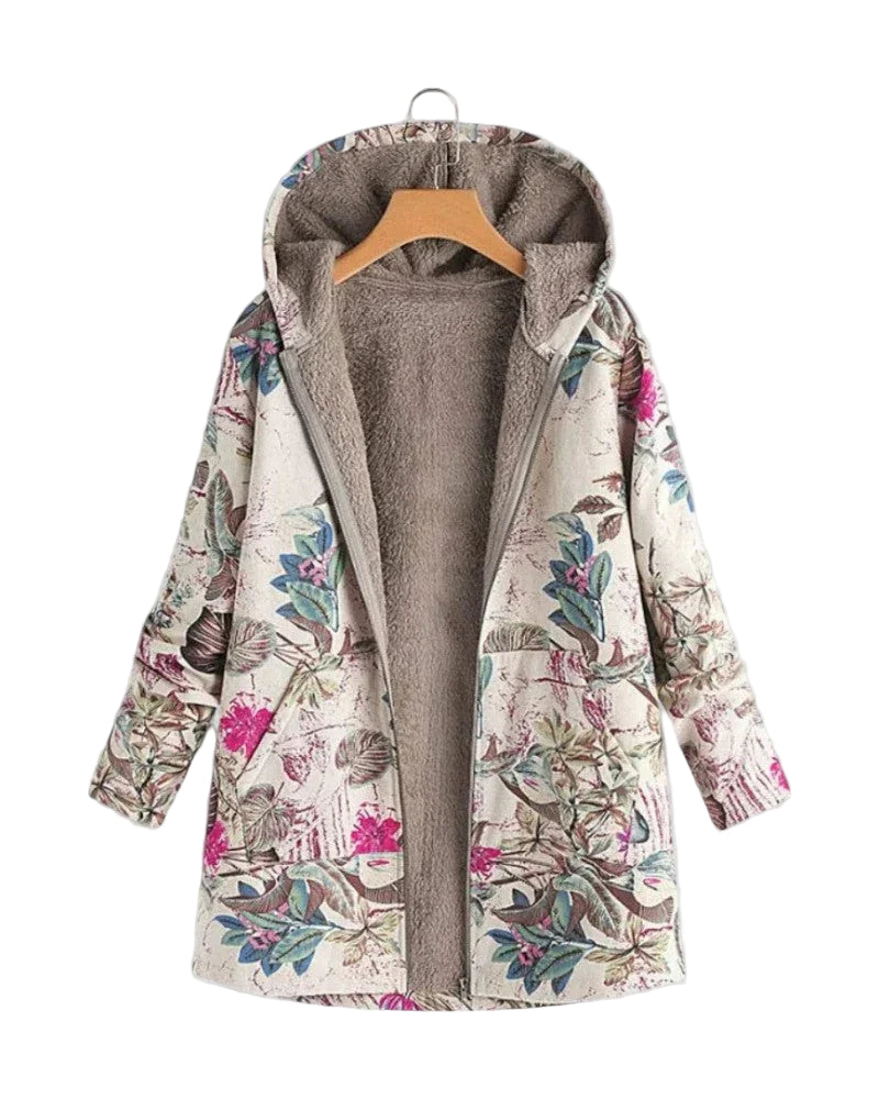 Dame hettejakke i fleece med vakkert blomsterprint. En allsidig vår-/høstjakke, perfekt for lagvis bekledning.