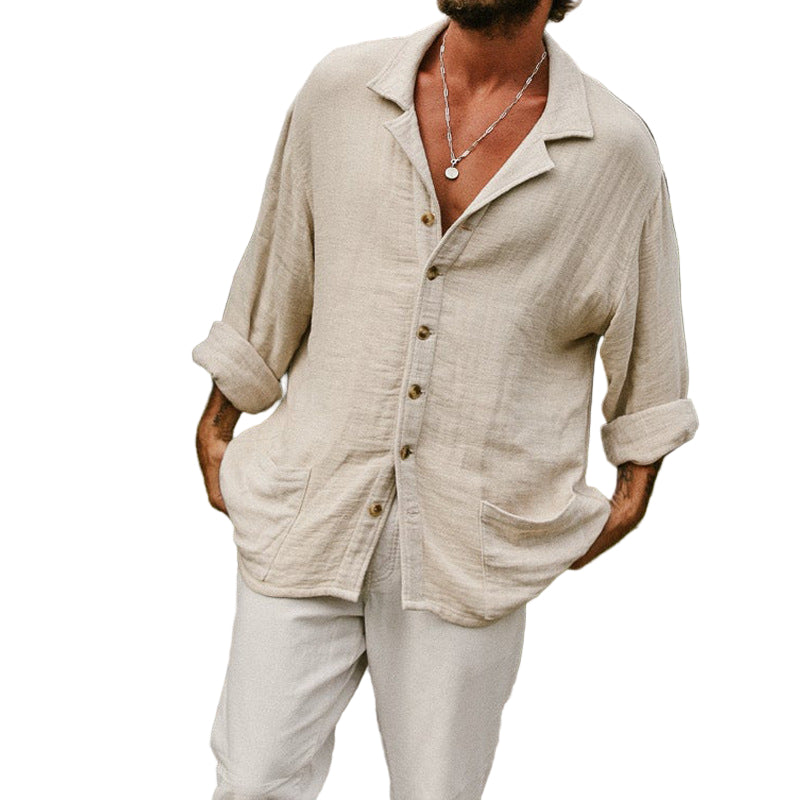 Langermet beige herreskjorte med button-up. Avslappet passform for casual stil og hverdagsbruk.