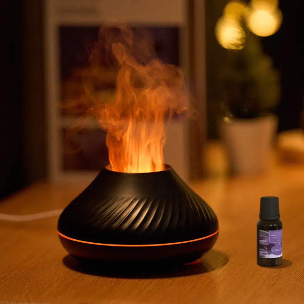 Bærbar USB-drevet LED luftfukter i elegant design, med fortryllende vulkanflamme og aroma diffuser for velvære.