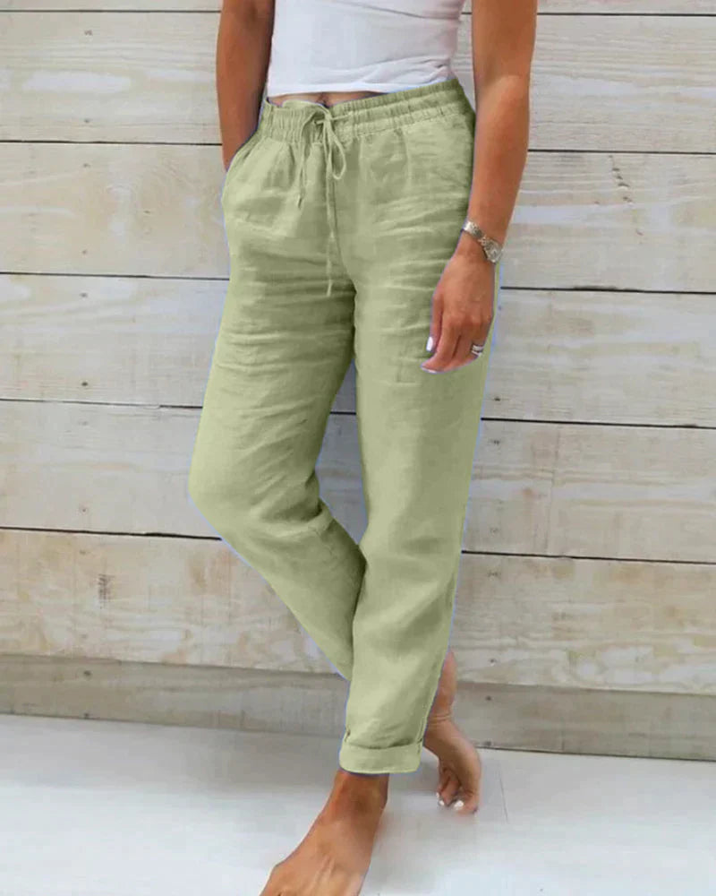 Lett lin bukse for damer, elastisk midje, avslappet passform, grønn, blå, beige, hvit og grå, størrelser XS-3XL.