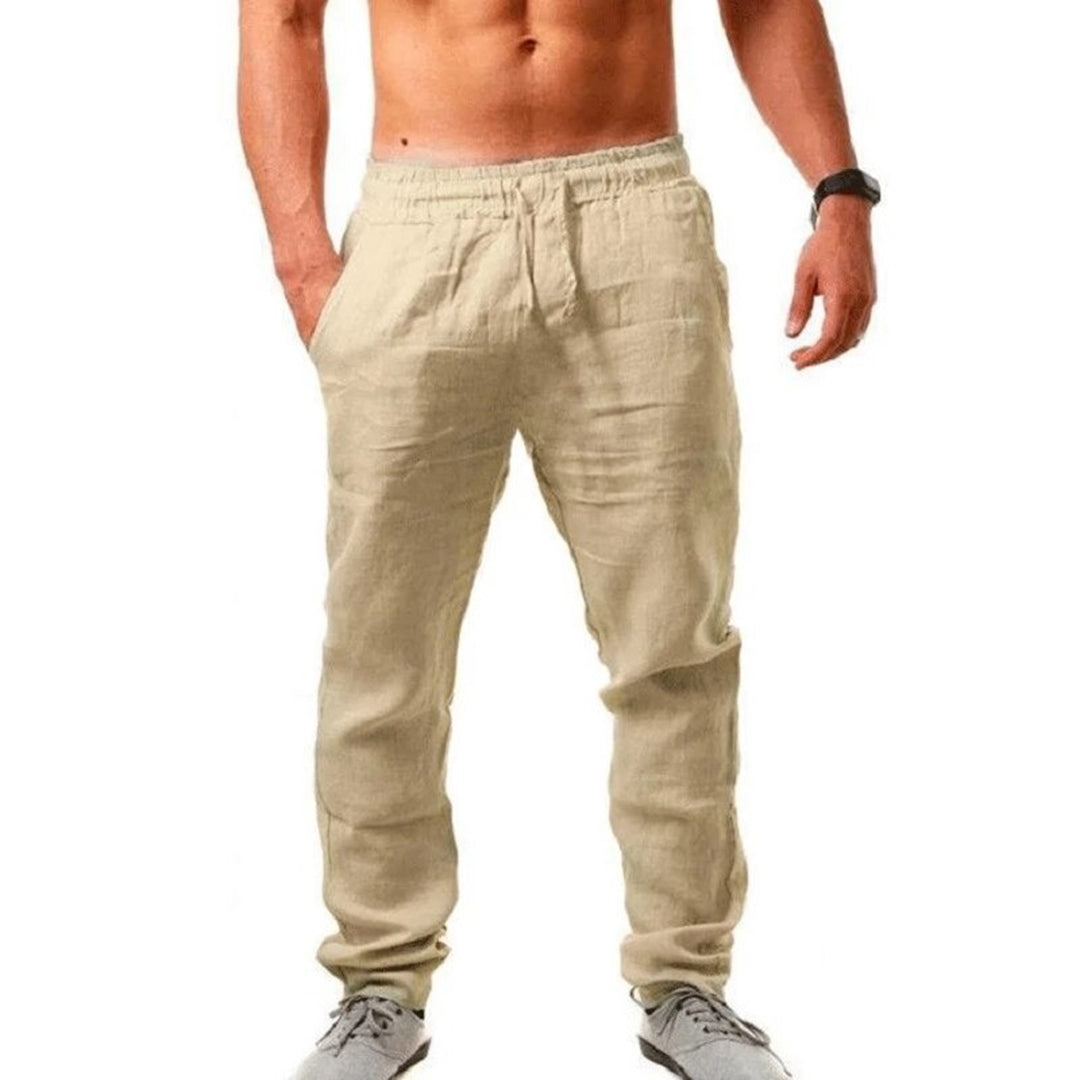 "Lett linbukse for menn i beige, perfekt for våren og sommeren. Komfort og stil i pustende, luftig materiale."