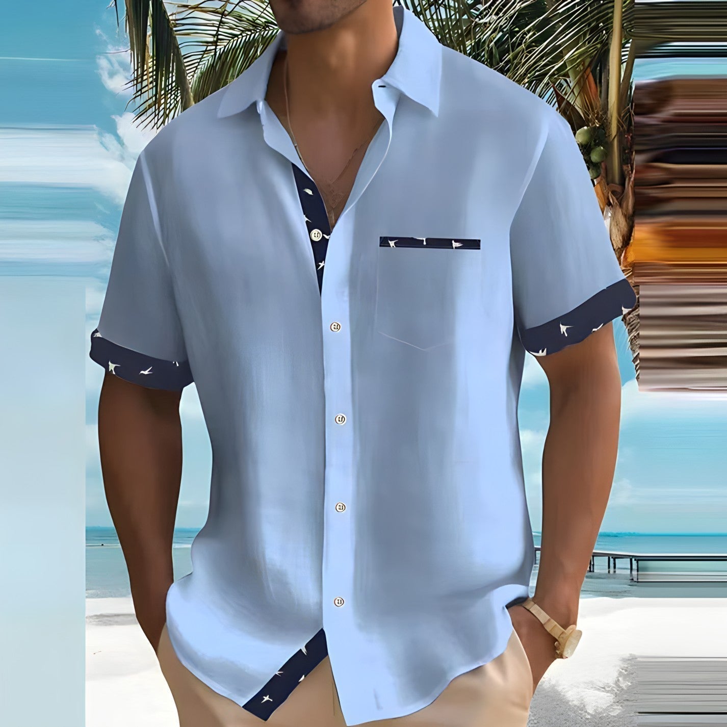 Stilig herreskjorte, komfortabel for fest eller hverdag. Allsidig, lett design for menn. Sommerklar.