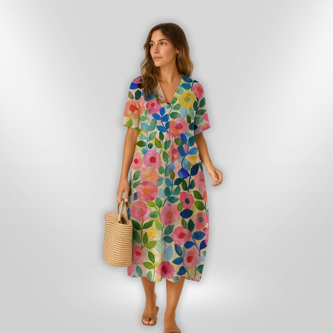 Damekjole med livlig blomstermønster og flatterende V-hals, ideell som feriekjole. Feminine klær.