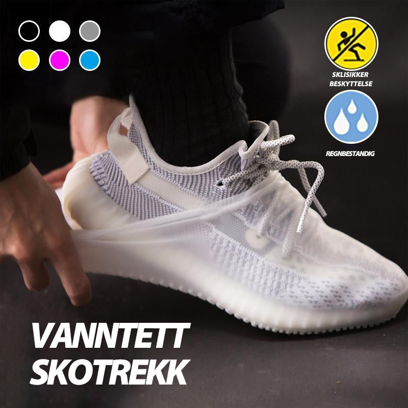 "Lett, vanntett skoomslag i gjennomsiktig silikon, holder sko tørre; finnes i flere farger og størrelser."
