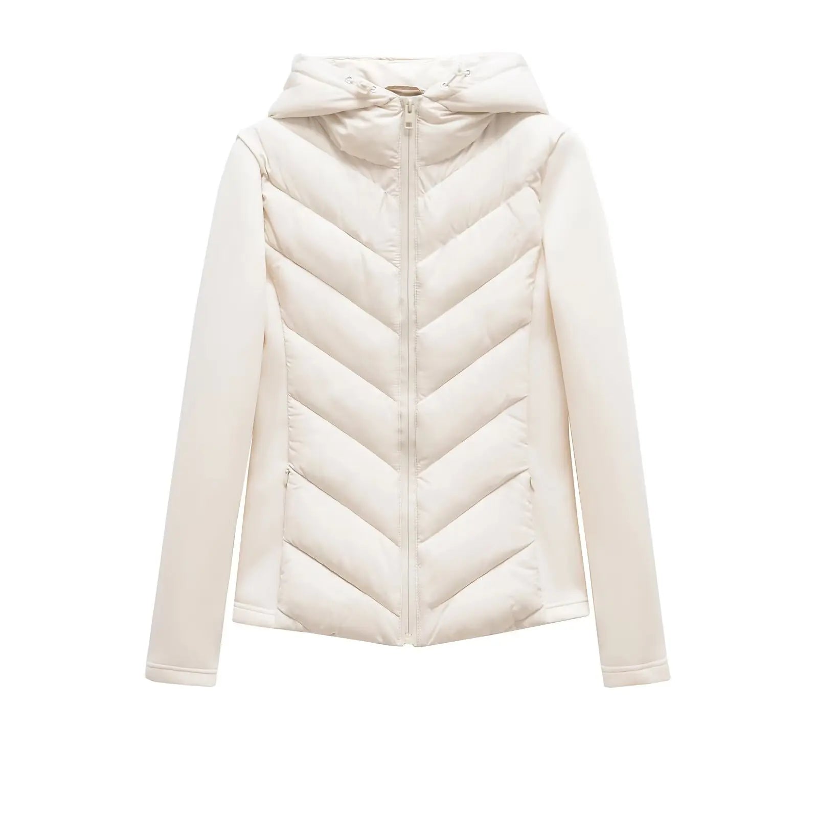 Moderne lett vattert damejakke med hette og praktiske skjulte lommer for en elegant look.