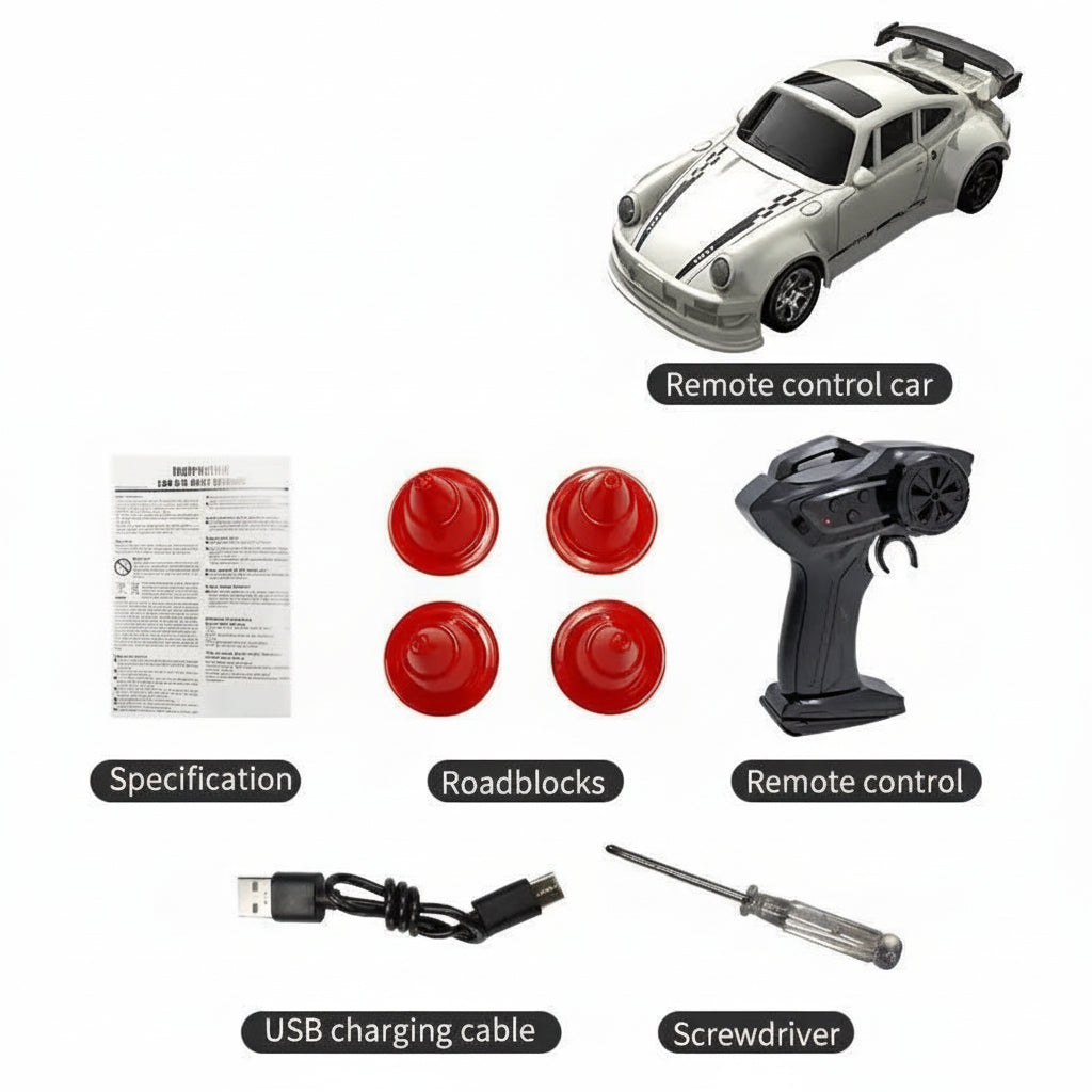 Liten 1:64 RC driftbil, oppladbar, firehjulsdrift, for presise manøvre og innendørs bilhobby.