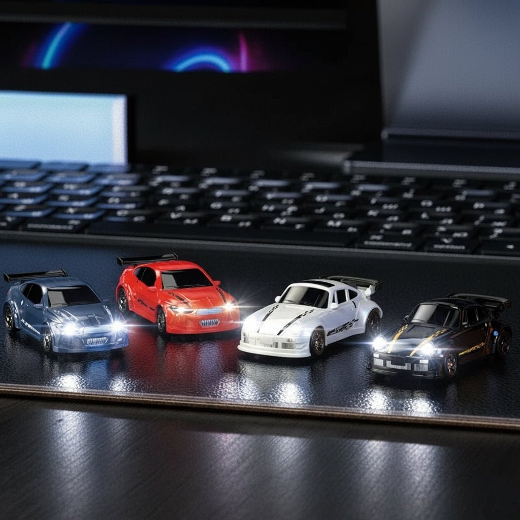 Detaljert 1:64 RC driftbil som utfører presise manøvre. Perfekt for bilhobby og innendørs lek.