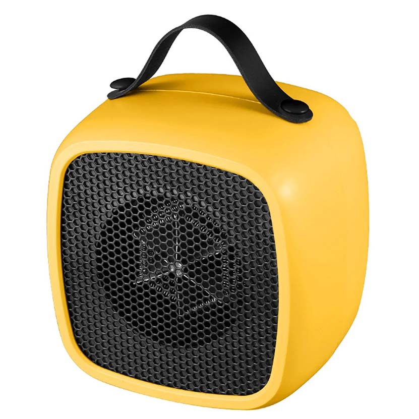 Nærbilde av elektrisk mini skrivebordsvarmer. Hvit farge. Viser temperaturkontroll for personlig varme.