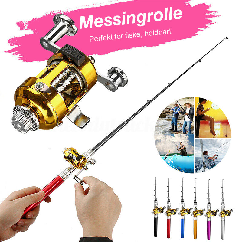 "Liten fiskestang i glassstålfiber, kompakt og bærbar, med mini-spin hjul. Perfekt for allsidig fiskeeventyr."
