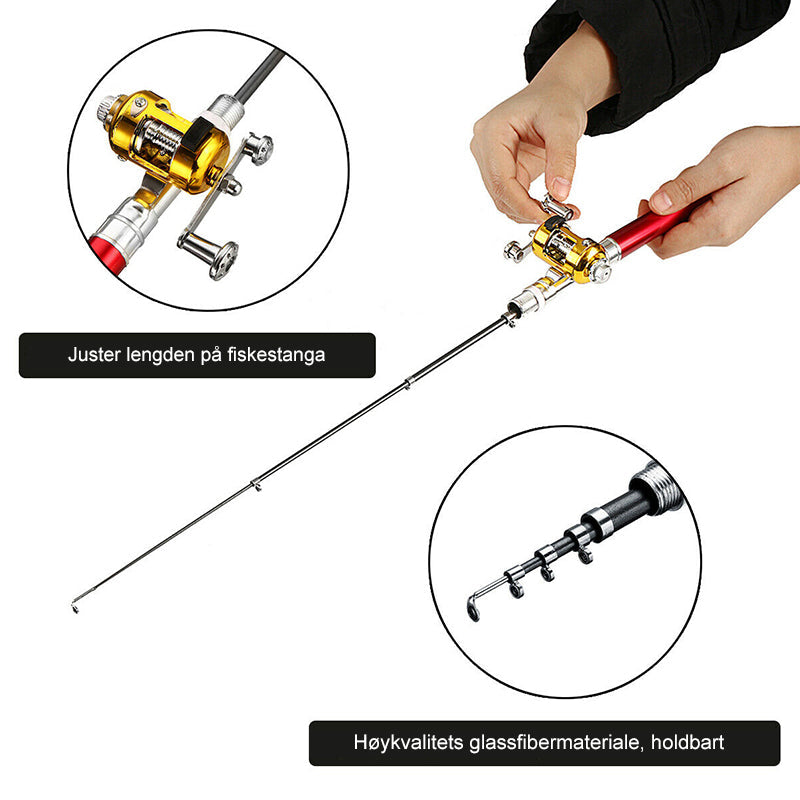 "Liten fiskestang i glassstålfiber, kompakt og bærbar, med mini-spin hjul. Perfekt for allsidig fiskeeventyr."