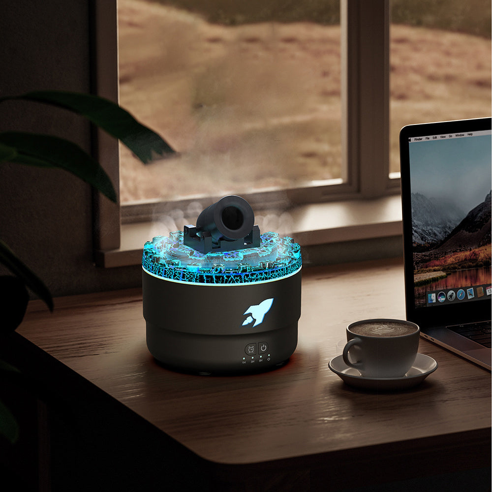 Moderne luftfukter og aroma diffuser med kul lavaeffekt, nattlys og aromaterapi.