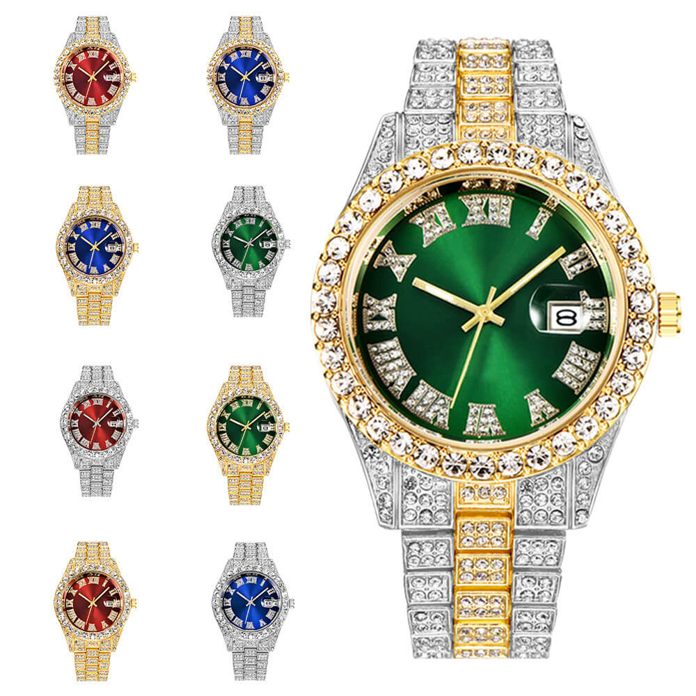 Luksuriøs iced out herreklokke med glitrende krystaller og elegante romertall.