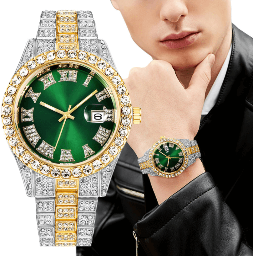 Iced out armbåndsur for menn, med skinnende krystaller og klassiske romertall på urskiven.