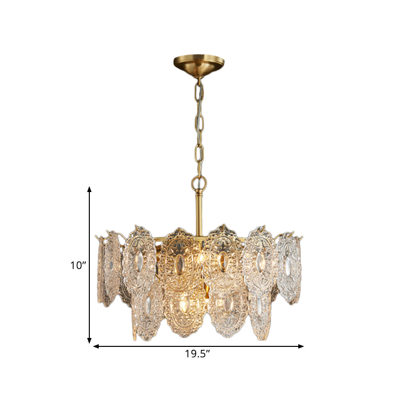 "Luksuriøs lysekrone med krystallpanel, gullfinish, 5/7 lyskilder, elegant design for stue eller spisestue."