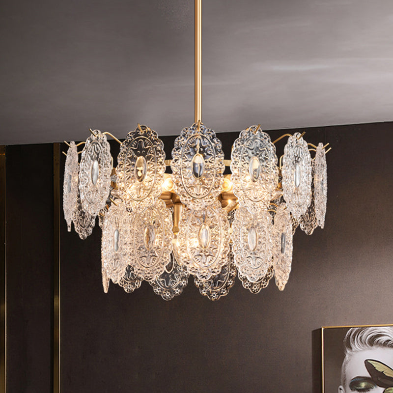 "Luksuriøs lysekrone med krystallpanel, gullfinish, 5/7 lyskilder, elegant design for stue eller spisestue."