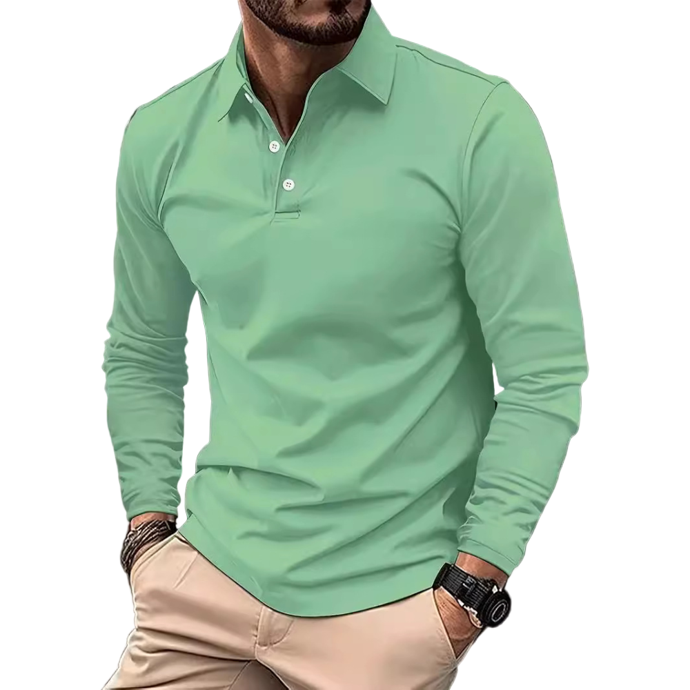 Mørk blå langermet poloshirt for herre, klassisk og komfortabel, perfekt for fritid eller business casual.