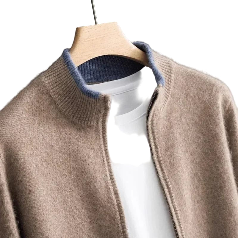 Mørk minimalistisk herrejakke med glidelås. Elegant kashmirjakke for vår og høst, komfortabel stil.