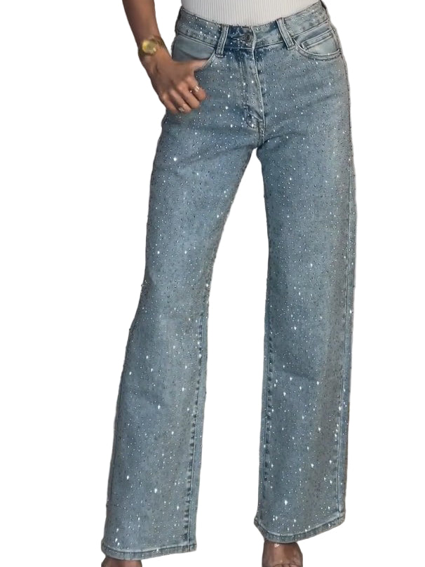 Mørkeblå damejeans med høy midje og glitrende detaljer, perfekt for stilige og komfortable antrekk.