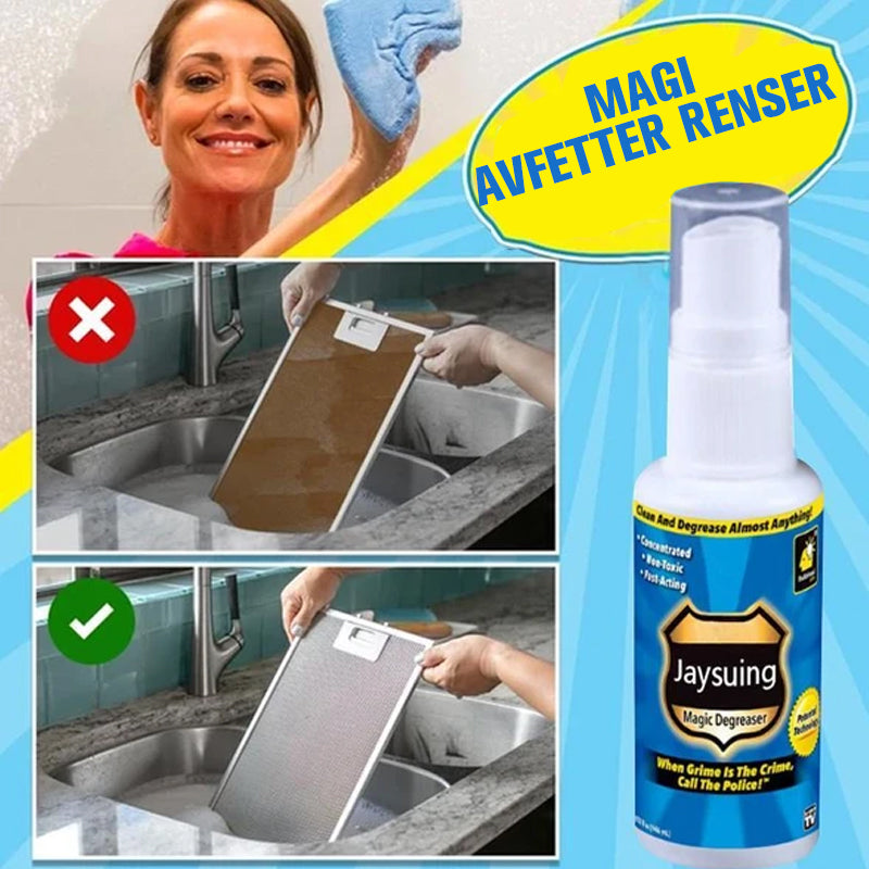 "Magic Avfettingsspray - Klar flaske med grønn etikett for effektiv rengjøring av flere overflater uten skylling."