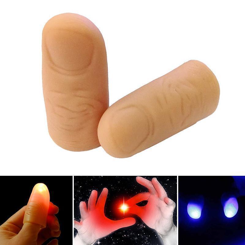 Magisk tommelen lyssett med fingre i flere farger: rød, grønn, gul, blå. Perfekt for tryllekunst og gaveidé.
