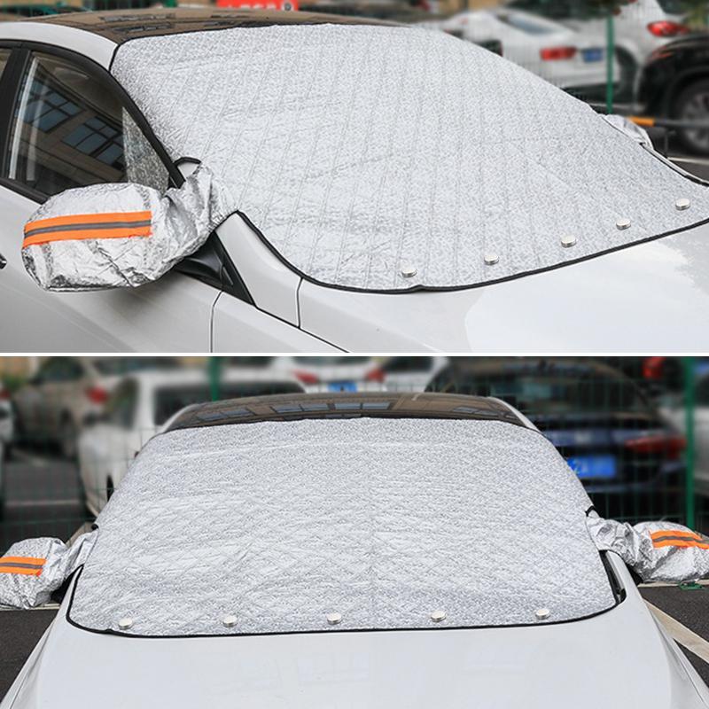 "Magnetisk anti-snødeksel for biler, grått aluminiumsstoff, beskytter frontruten mot snø og frost om vinteren."