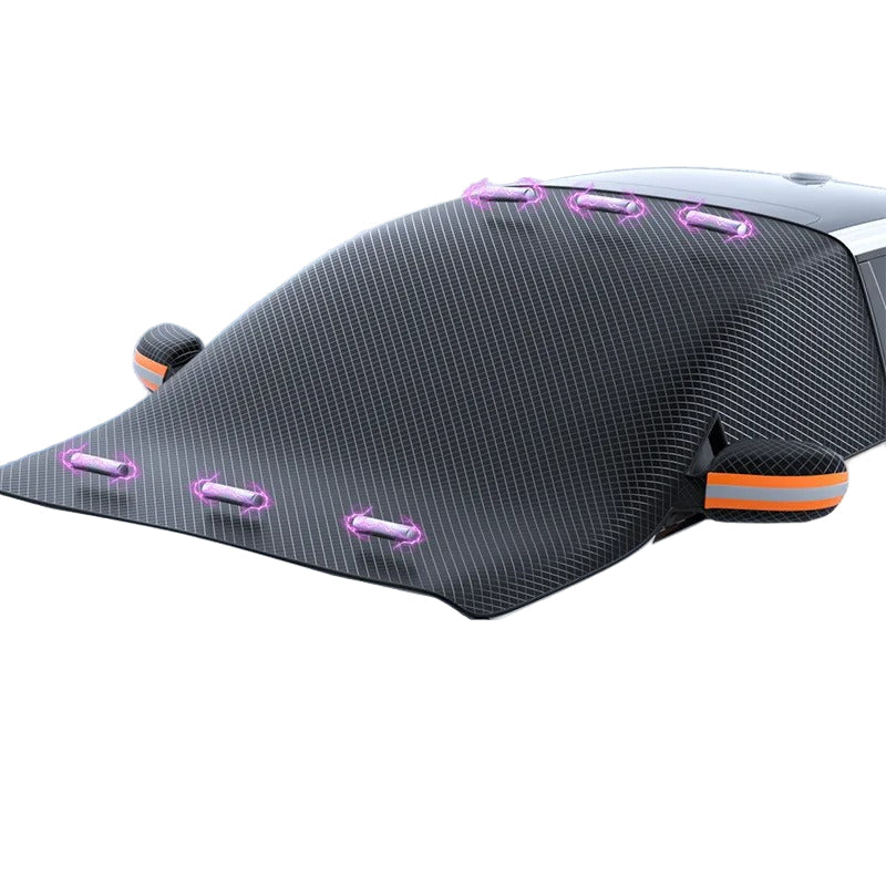 Magnetisk bildeksel for helårsbeskyttelse. Vanntett og slitesterkt trekk som beskytter bilen utendørs.