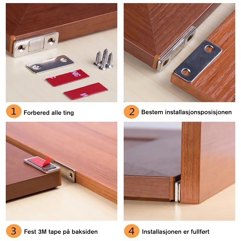 "Magnetisk dørlukker i rustfritt stål med sterk magnet. Ultra tynn og hullfri, enkel installering for skap og skuffer."