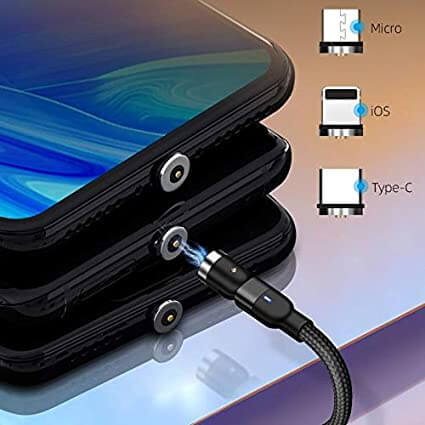 Universell magnetisk ladekabel i svart nylon for mobiltelefoner, rask lading