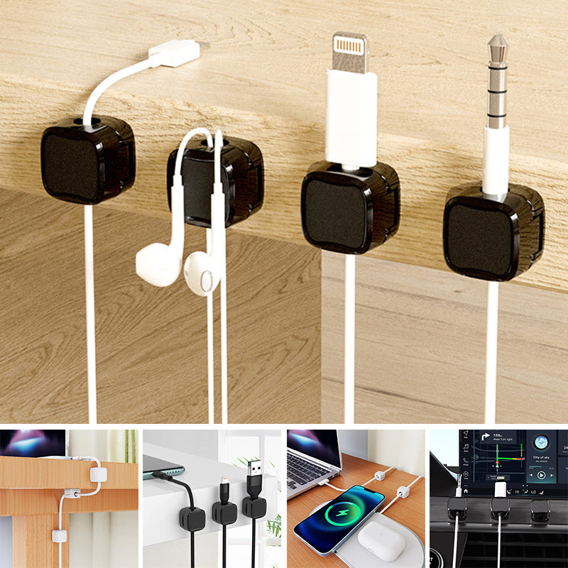 "Magnetisk ledningsholder som organiserer kabler effektivt, med stilren design og sikker lås for tekniske enheter."