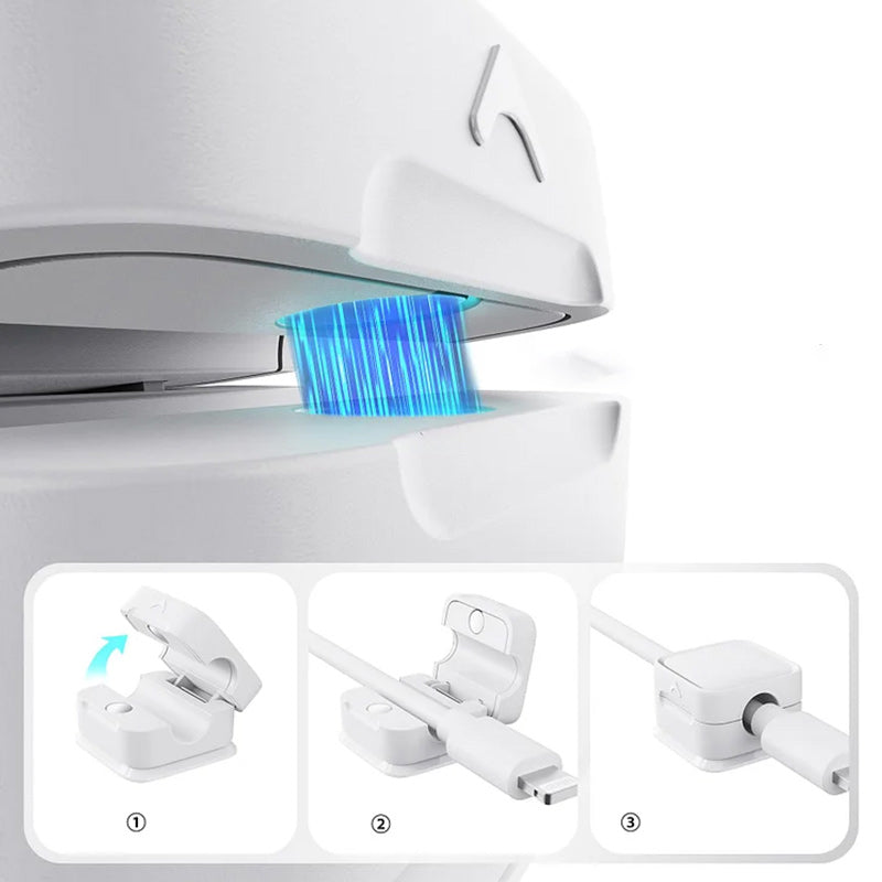 "Magnetisk ledningsholder som organiserer kabler effektivt, med stilren design og sikker lås for tekniske enheter."