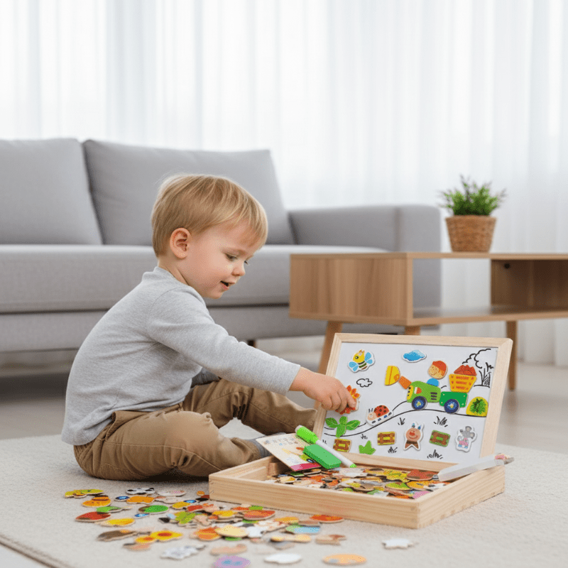 Bærbart 2-i-1 tegnebrett: magnetisk side for forming, krittavle for kreativitet.