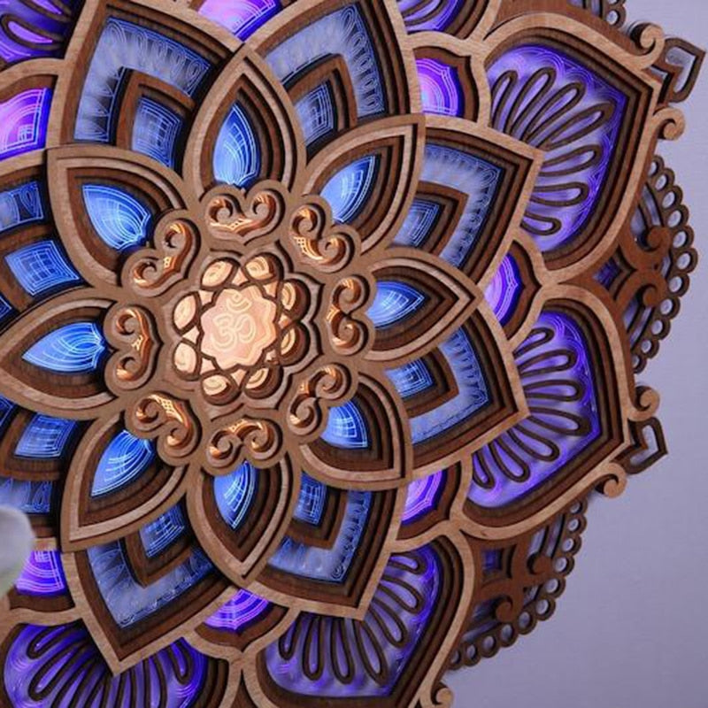 Detaljert oversikt over LED vegglampe med mandala-design, skaper avslappende atmosfære for yoga og meditasjon