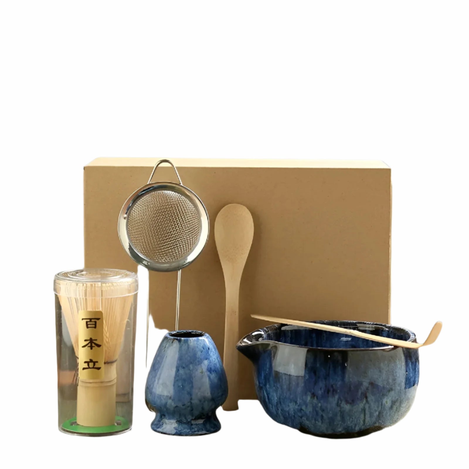 "Matcha Keramikksett - 6 deler - tradisjonell te-seremoni - inkluderer matcha-bolle, visp, scoop og sil, estetisk design."