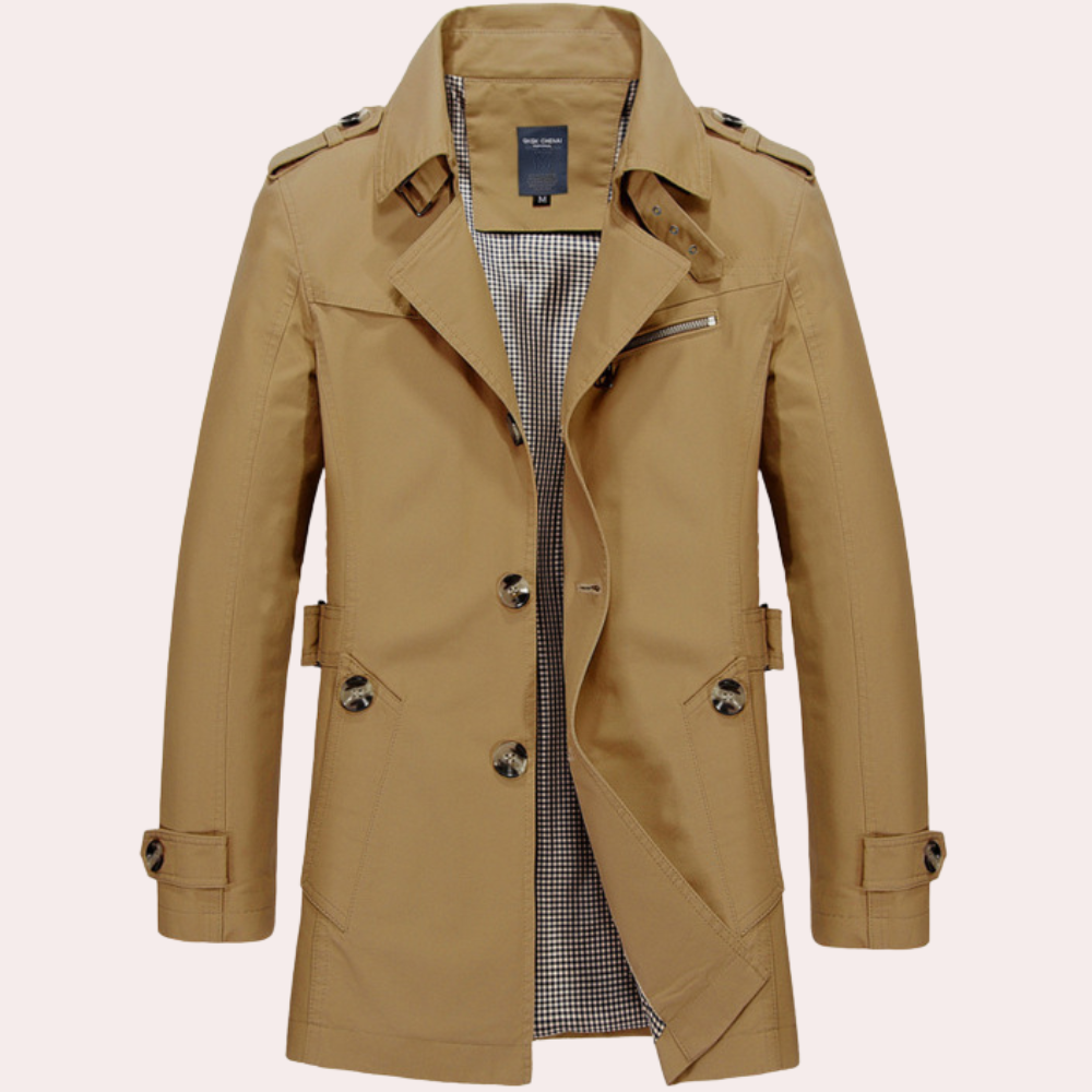"Matt khaki trenchcoat for menn, stilren vårjakke i høykvalitets bomull, ideell for elegante antrekk om våren."