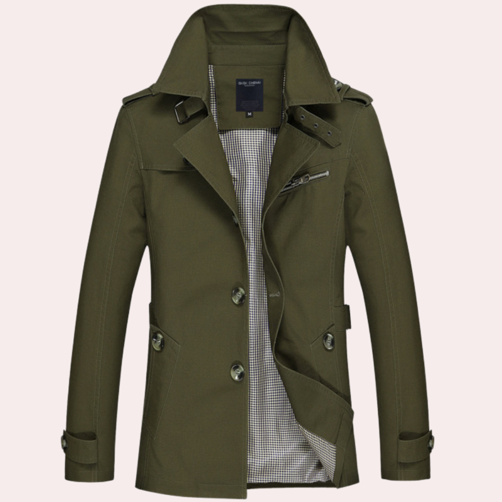 "Matt khaki trenchcoat for menn, stilren vårjakke i høykvalitets bomull, ideell for elegante antrekk om våren."