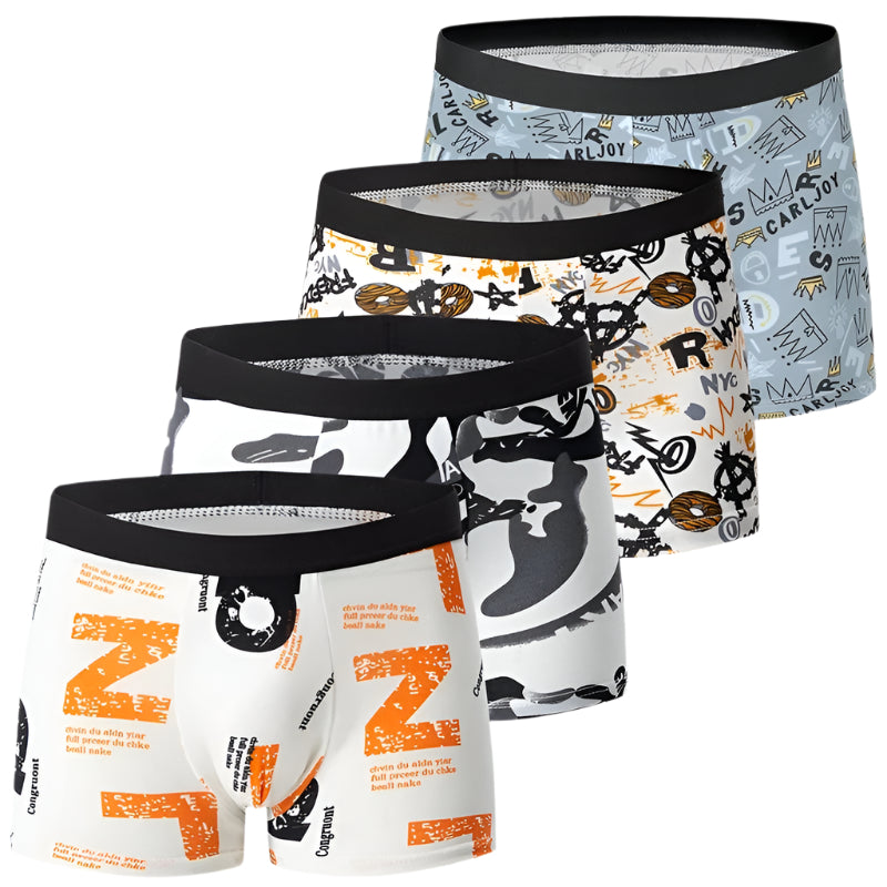 Stilige trykte boksershorts for menn, 4-pakning. Moderne design for komfortabelt herre undertøy.