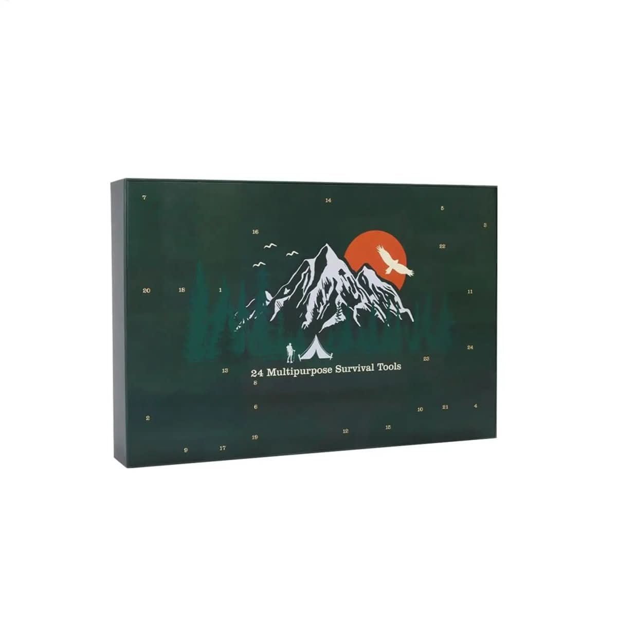 Menns Adventskalender med 24 utendørsverktøy, perfekt julegave for friluftsliv og eventyr.