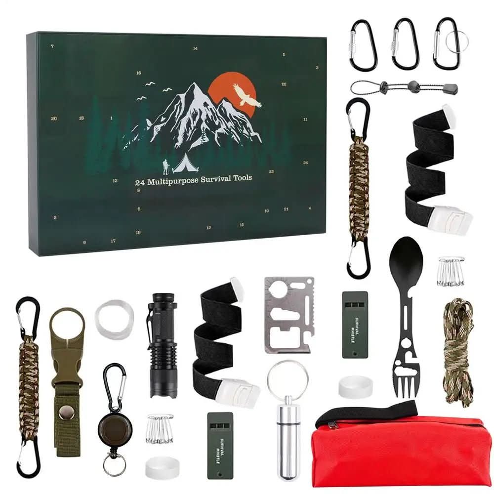 Detaljert bilde av utendørsverktøy fra menns Adventskalender; praktisk turutstyr og camping gadgets.