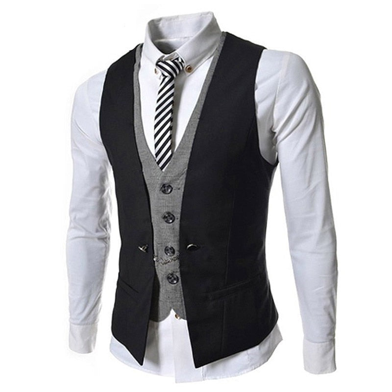 "Menns business vest dress, stilfulle V-hals design, slim fit, elegant mørkeblå farge, skreddersydd for kontorbruk."