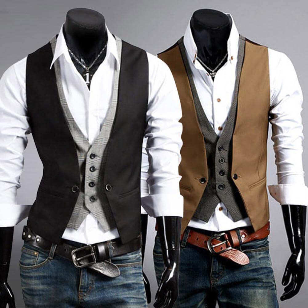 "Menns business vest dress, stilfulle V-hals design, slim fit, elegant mørkeblå farge, skreddersydd for kontorbruk."
