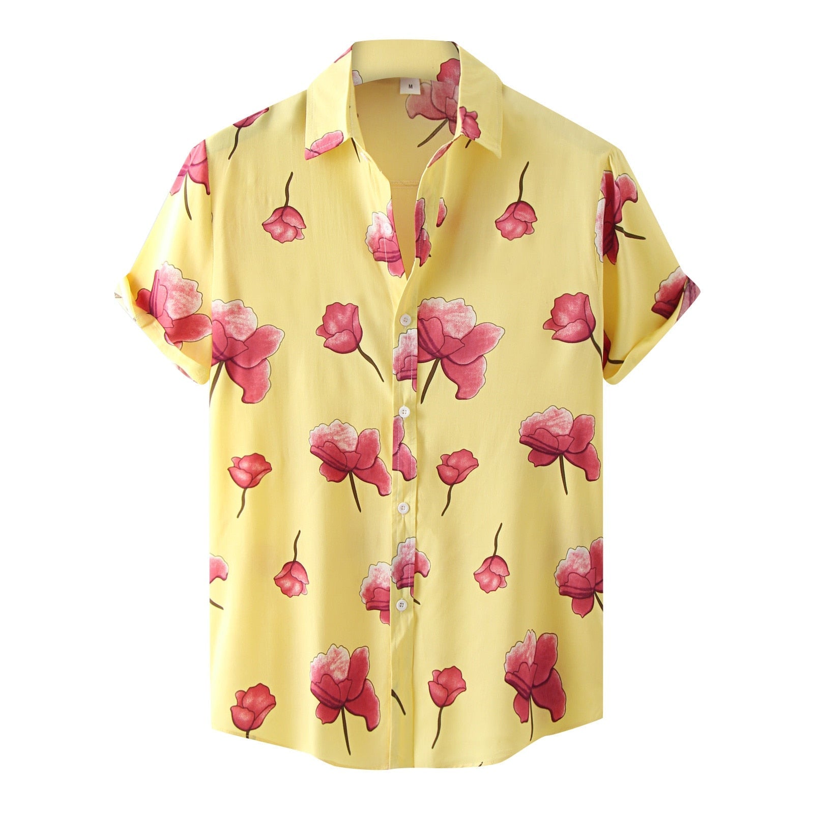 Mann iført en stilig blomsterkrageskjorte med levende mønster. Perfekt casual skjorte for sommeren.