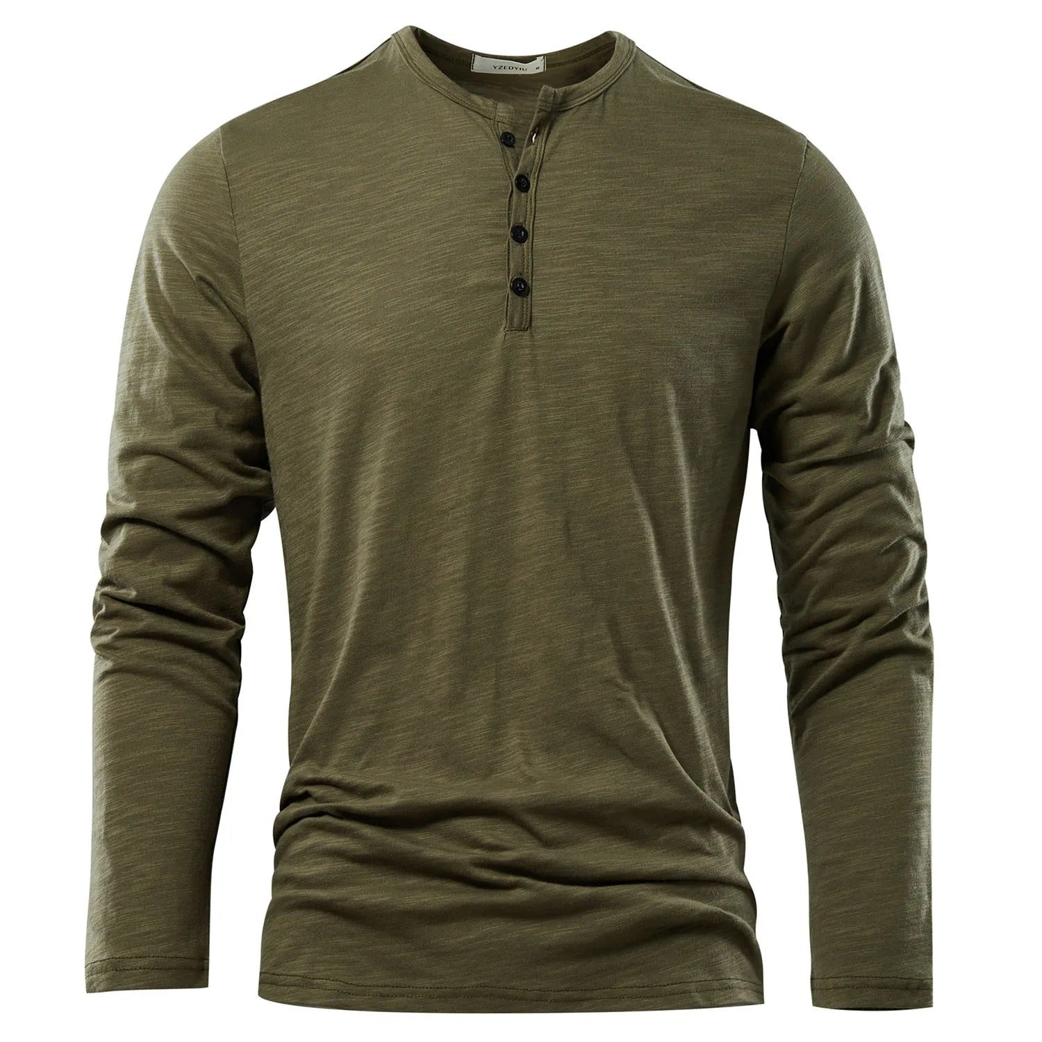 Menns langermet Henley t-skjorte i grønn. Komfortabel casual hverdagsstil.