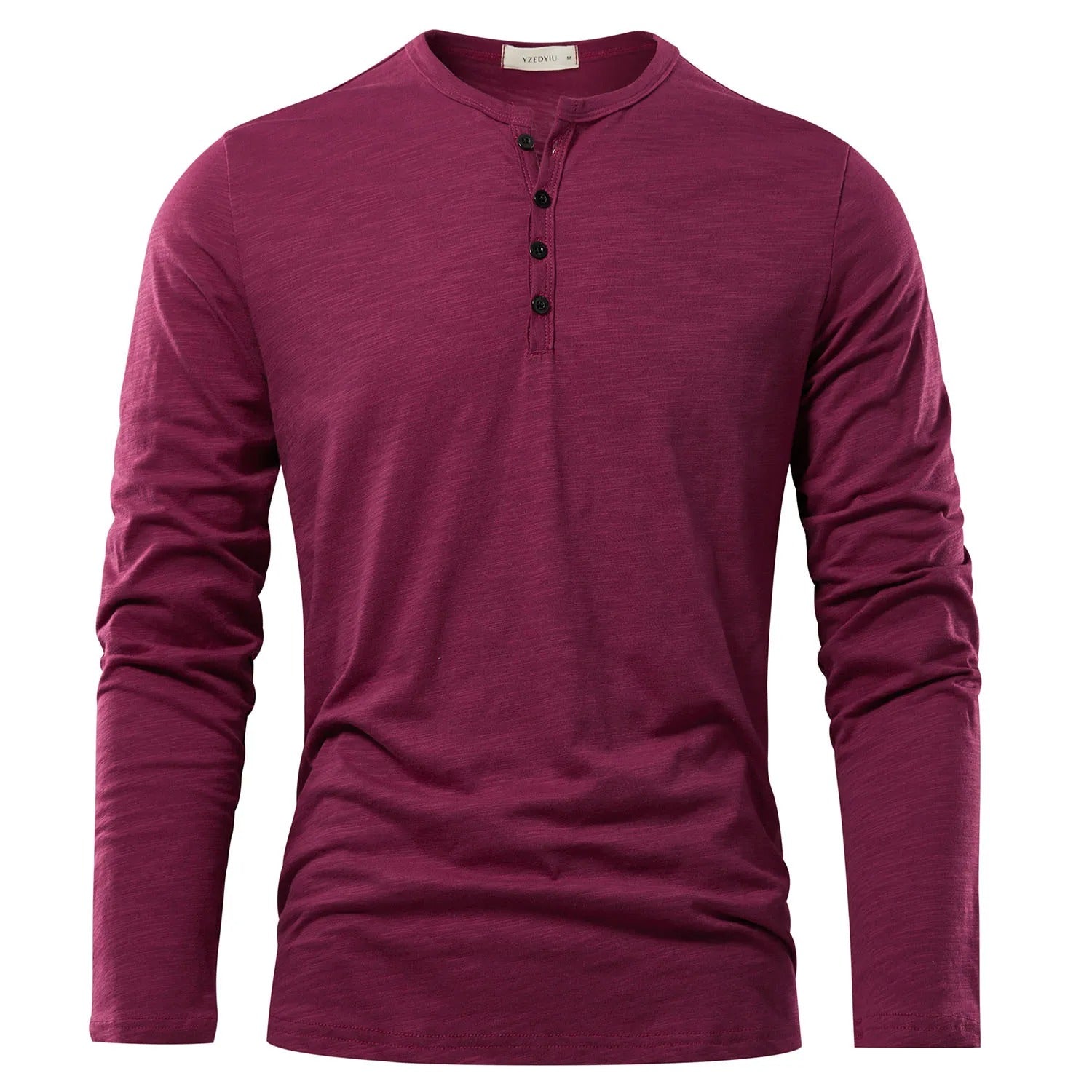 Rød menns Henley t-skjorte med lange ermer. Casual og stilfull for fritidsbruk.