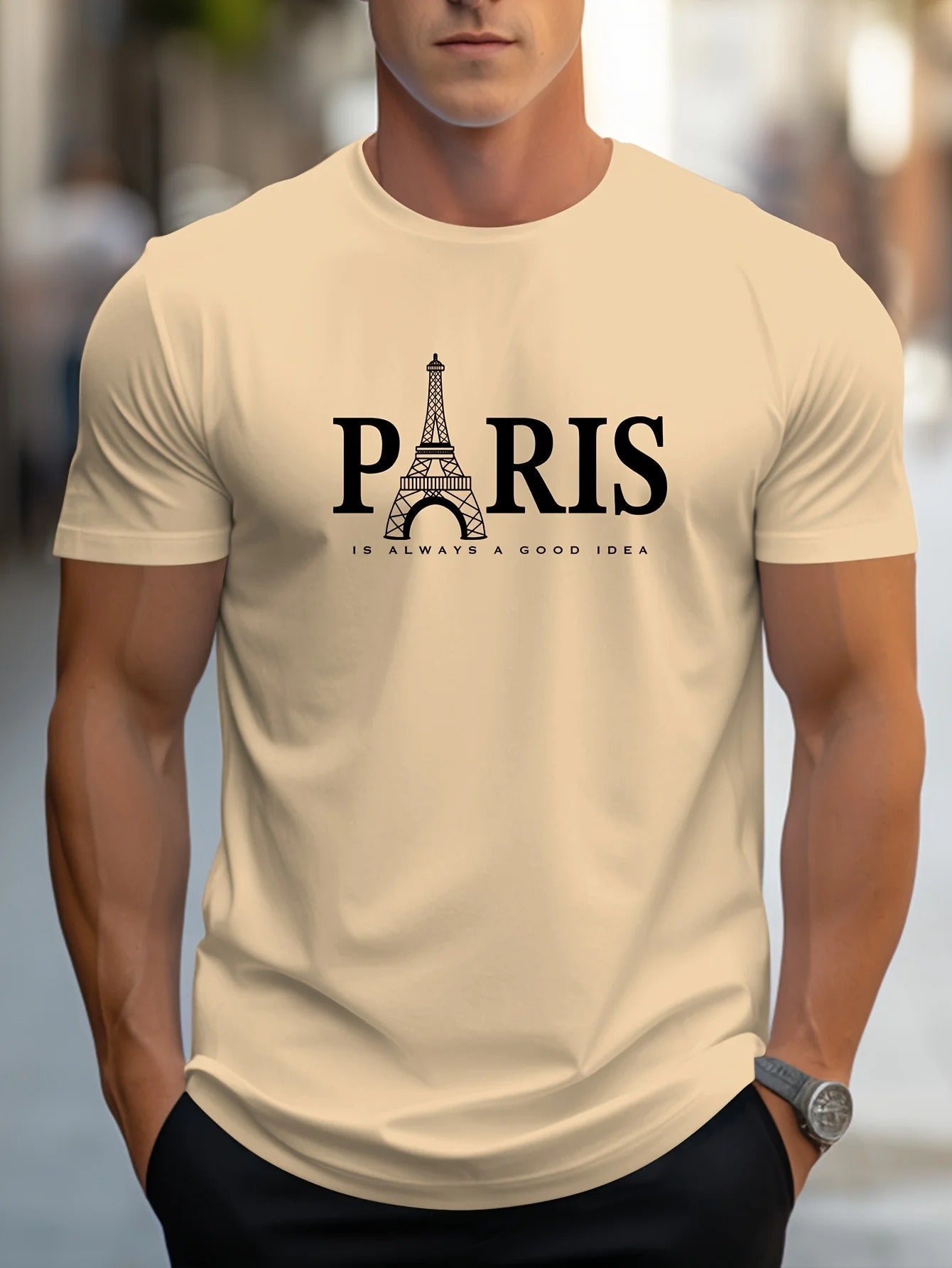 Komfortabel menns oversized t-skjorte med unikt Paris-trykk, ideell for moderne herremote og urban look.