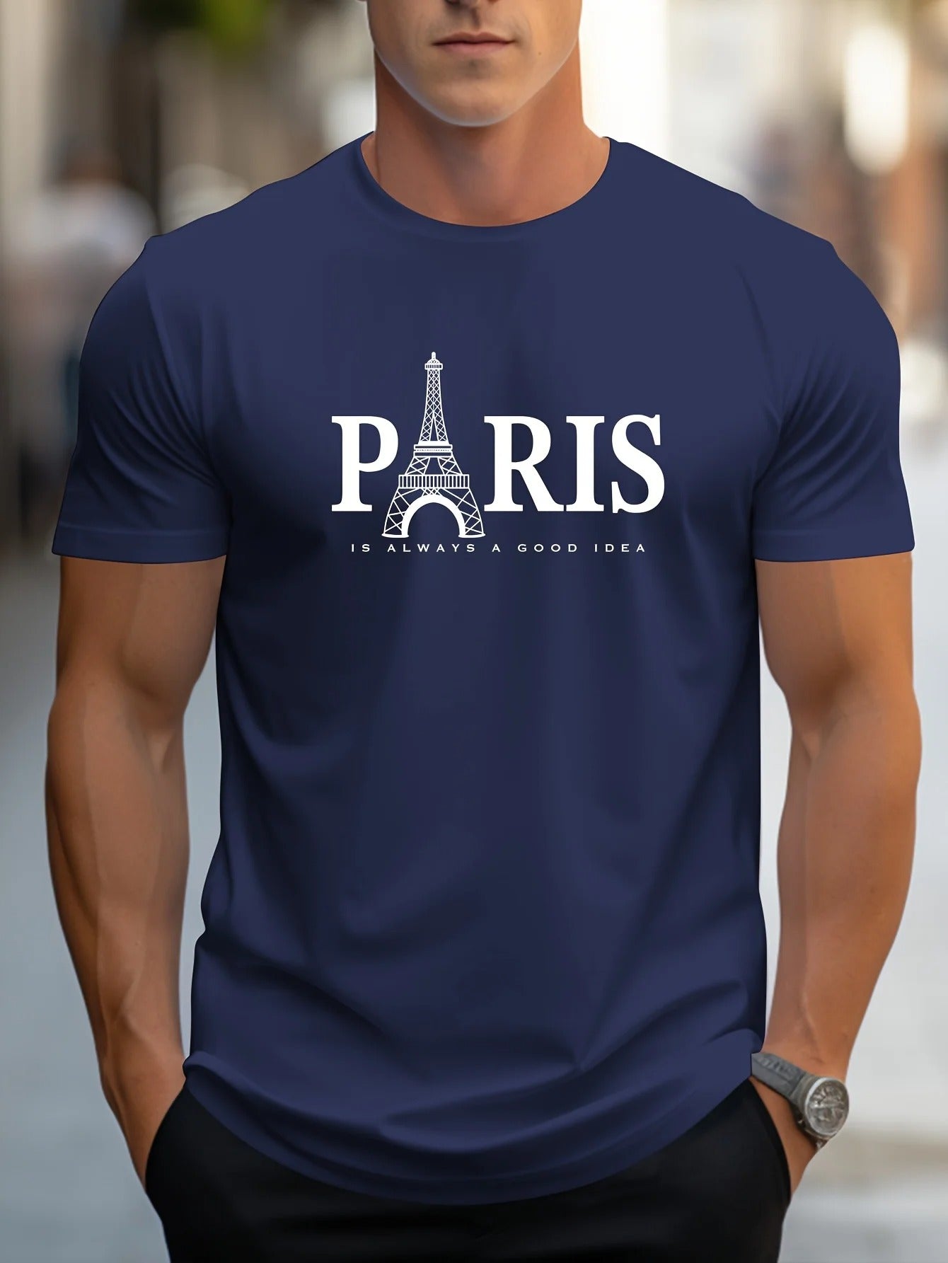 Menns casual t-skjorte med oversized snitt og iøynefallende Paris-print, rund hals for hverdagsbruk.