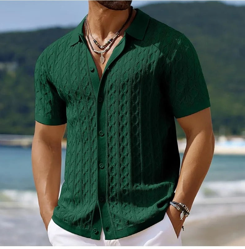 Svart menns jacquardstrikket poloskjorte i retro stil, ideell for smart casual herremote og komfort.